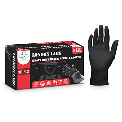 London Labs Guantes desechables industriales de nitrilo negro, caja de 100 (medianos)