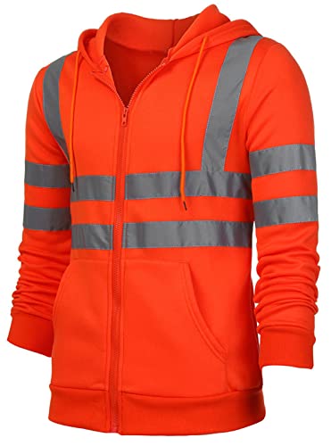 AIEOE Chaquetas reflectantes de alta visibilidad para hombre con capucha de seguridad de forro polar con capucha y bolsillos con cremallera, naranja/fiesta de bloques, X-Large