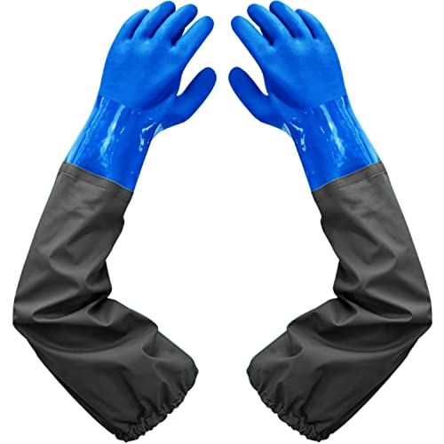 Haiou Guantes de PVC resistentes a los químicos, guantes de goma largos, guantes impermeables largos y guantes impermeables resistentes para trabajos químicos y ácidos, 25 pulgadas, L (azul)