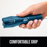 Gorilla Grip Linterna táctica LED de mano, ultra brillante, de larga duración, resistente al agua, 350 lúmenes, linternas con zoom de 750 pies, accesorios de campamento, equipo exterior, cortes de energía de emergencia, azul