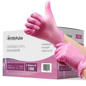 Guantes desechables de vinilo rosa pequeños, paquete de 200 unidades, sin látex, sin polvo, guantes de examen médico, quirúrgicos, para el hogar, limpieza y alimentos, 3 mm de grosor, 2 cajas de 100 unidades