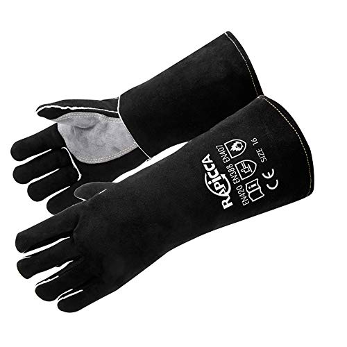 RAPICCA - Guantes de soldadura de cuero de 350 cm, resistentes al calor y al fuego, guantes para horno, parrilla, chimenea, horno, estufa, soporte para ollas, soldador Tig, Mig, BBQ, guante de manipulación de animales, color negro