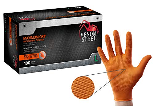 Venom Steel Guantes de nitrilo de agarre máximo, 8 mm de grosor, textura de diamante elevada para agarre, resistente a pinchazos y roturas, naranja de alta visibilidad, grande (100 unidades)