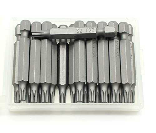 TEMO T20 Torx Set de 20 puntas de destornillador con vástago hexagonal de 2 pulgadas (50 mm), puntas de 6 puntas, resistentes a los impactos y con ranura de rápida liberación