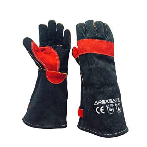 APEXSAFE Guantes de soldadura de forja de cuero, resistentes al calor y al fuego, guantes para Tig, Mig, barbacoa, horno, parrilla, chimenea, hornear, horno, estufa, soporte de ollas, soldador, guante de manejo de animales. Negro - 16 pulgadas