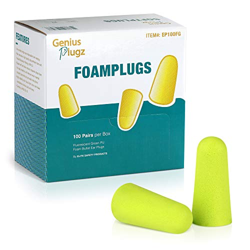 Genius Plugz Tapones desechables de espuma suave sin cable para los oídos con cancelación de ruido, protección auditiva – 32 dB NRR, colores de alta visibilidad, 100 pares embalados individualmente en caja (verde