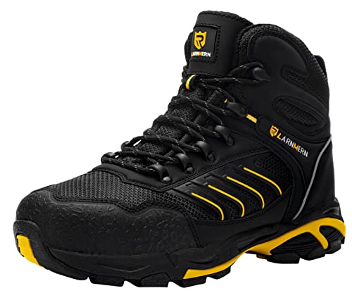 LARNMERN Botas de punta de acero a prueba de pinchazos para hombres, indestructibles, cómodas, antideslizantes, antiestáticas, botas de trabajo de seguridad al aire libre L91185 (31.0 cm, Negro amarillo)