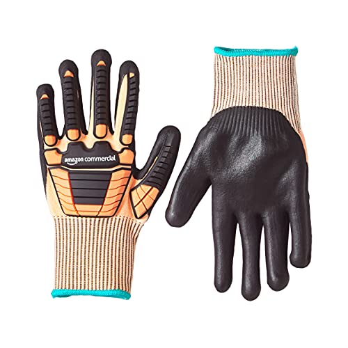 AmazonCommercial Guantes de nitrilo de espuma y seda dorada 13G con protección contra impactos (naranja/negro), talla M, 1 par