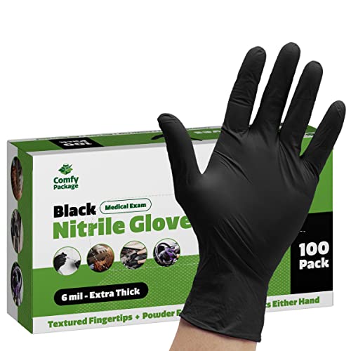 [100 unidades] Guantes desechables de nitrilo negro resistentes a los productos químicos, 6 mil. Guantes de látex extra resistentes y sin polvo, con textura, para los dedos, talla S