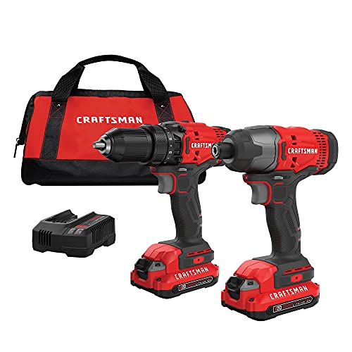 CRAFTSMAN Kit de Herramientas 20V Inalambricas con Taladro Atornillador y Atornilladro de Impacto con 2 Baterías CMCK200C2