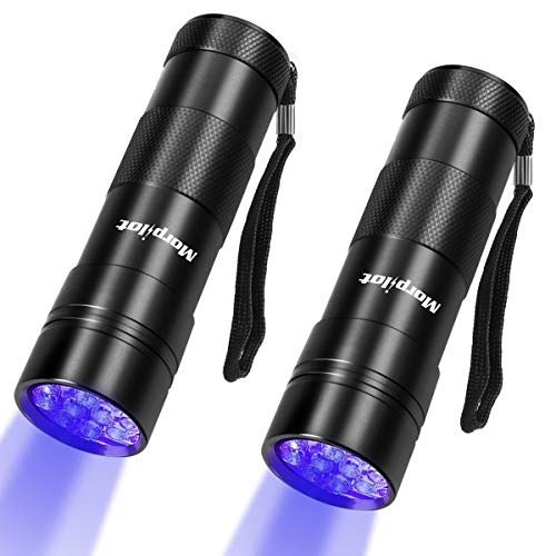 Morpilot Linterna UV detectora de manchas y orina, luz ultravioleta con 12 luces LED, la mejor linterna UV para encontrar manchas en alfombras, tapetes, detectar orina de mascotas o capturar a un escorpión (Paquete de 2)