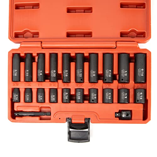 NEIKO 02435A, 22 Piece, 1/4 Socket Set, Standard 3/16” – 9/16” SAE, Deep and Shallow Sockets, Chrome Vanadium Steel, 3/8” to 1/4” Reducer, Hex Shank Socket Impact Adapter, 1/4 Drive Socket Set