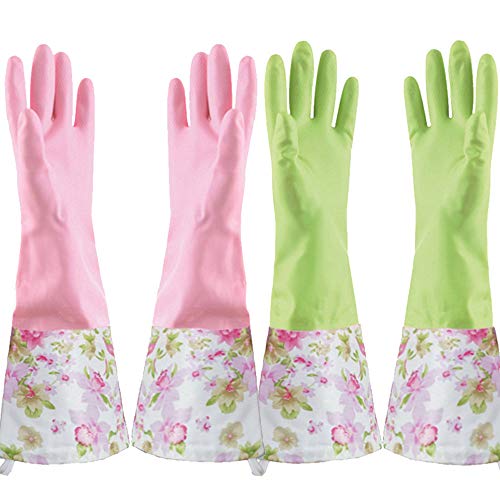 Guantes de goma de látex impermeables para lavavajillas, puños largos y forro de flocado, 2 pares (mediano)