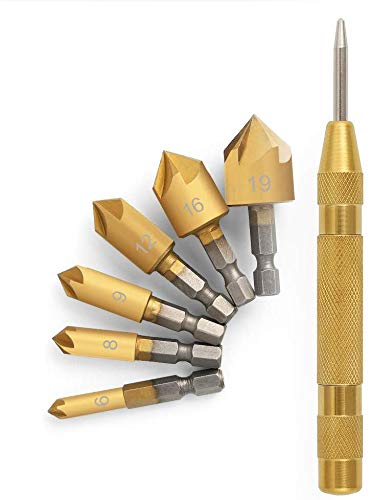 Avellanado de Brocas Con Punzón Automático, 6 Piezas De Vástago Hexagonal HSS 5 flauta avellanador 90 grados Deburring Herramienta, Con 1 pcs de acero de perforación perforadora para Metal, madera, plástico