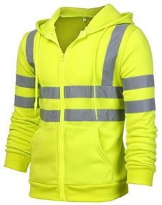 Chaquetas de construcción para hombres con capucha reflectante de alta visibilidad, ropa de trabajo de seguridad de invierno cálido con cremallera hasta el trabajo sudadera abrigo, Verde Neón, Large