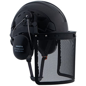 Casco de motosierra forestal, casco arborista con visera de malla, protector facial y orejeras, protección para los oídos, sombrero duro de seguridad, casco de trabajo de árbol de madera OSHA (092 negro+orejeras + escudo)