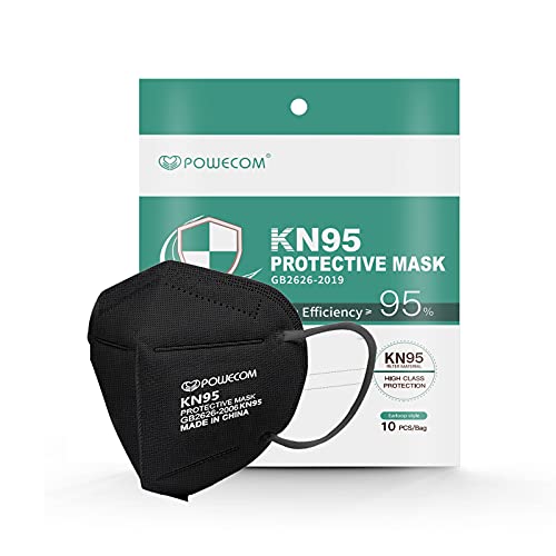 Paquete de 10 Powecom de 5 capas, protección transpirable KN95, mascarilla facial, máscaras antipolvo, estándar mejorado GB2626-2019 (negro)