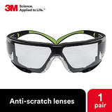 Gafas de seguridad 3M, SecureFit, ANSI Z87, interiores/exteriores, antiarañazos, lente espejo, marco verde/negro, junta de espuma extraíble, varillas flexibles