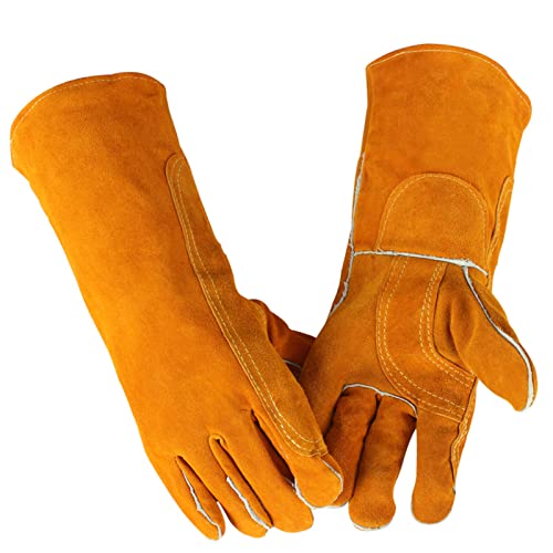 SLFC Guantes de soldadura resistentes al calor, 16 pulgadas guantes de soldadura cuero de guantes de trabajo de seguridad de cuero para barbacoa, horno, soldador Tig, jardín y manejo de animales