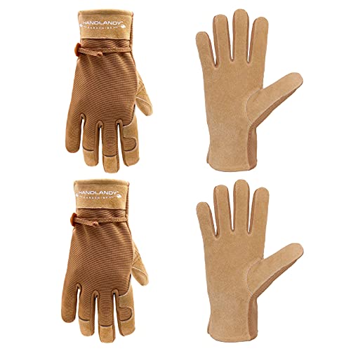 Guantes de trabajo de cuero para mujer, 2 pares de guantes de jardinería de piel de vaca, transpirables, guantes de trabajo para conductor, mecánico, construcción, patio (mediano, marrón)