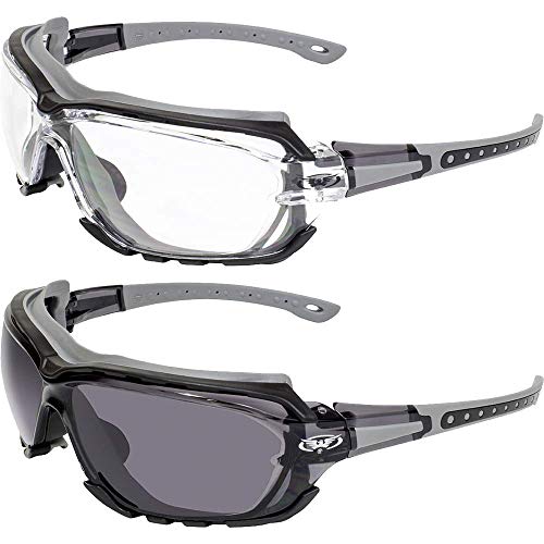 Global Vision - 2 pares de lentes de sol acolchados de seguridad para motocicleta, transparentes y ahumados, ANSI Z87.1, Gris, Adulto