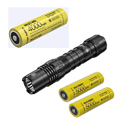 Combo: NITECORE P10i - Linterna ultra compacta recargable tipo C - 1800 lúmenes - con 2 celdas de capacidad extra NL2150HPi 5000 Mili A