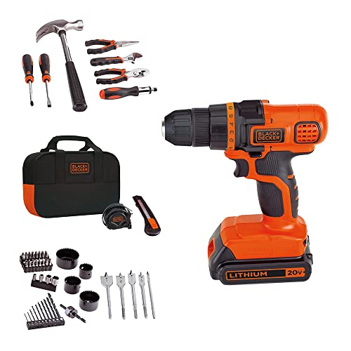 Black + Decker 20V MAX Taladro y kit de herramientas para el hogar, 68 Piezas (LDX120PK), Negro/Naranja