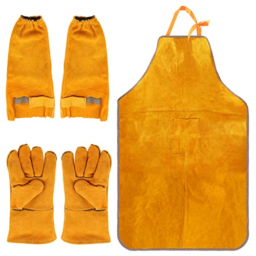 Glarks Juego de 3 protectores de trabajo de soldadura, incluye delantal de trabajo de soldadura de cuero, mangas de trabajo de soldadura y guantes de soldadura para soldadores, chimenea, barbacoa, jardinería, Amarillo, as picture shown