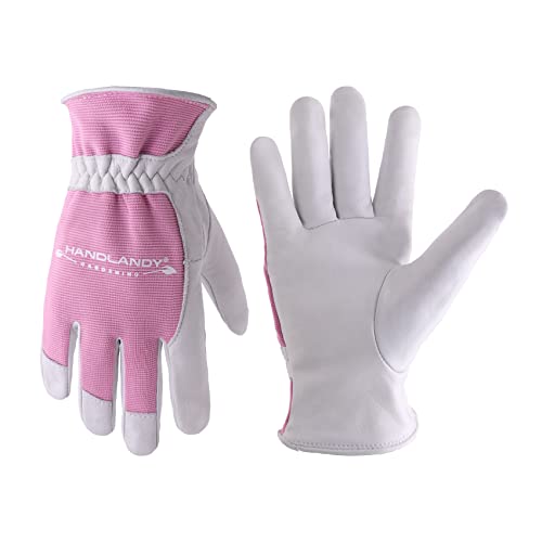 Guantes de jardinería de cuero para mujer, guantes de trabajo de cuero vacuno para mujer, guantes de jardín transpirables resistentes a los arañazos, guantes de poda de rosas para mujer (M, rosa)