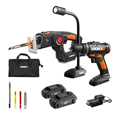 WORX WX912L - Taladro inalámbrico de 20 V WX101L, 20 V, inalámbrico, sierra multiusos AXIS WX550L y 20 V, luz LED flexible WX028L Combo Kit batería y cargador incluidos