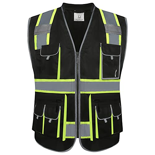 JKSafety Chaleco de seguridad negro con cierre frontal de alta visibilidad con 10 bolsillos | Cuello acolchado | Cintas de alta visibilidad con tiras amarillas neón extendidas | Cumple con las normas ANSI/ISEA (L, 89-negro)