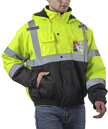 SESafety Chaqueta de seguridad de alta visibilidad para hombre, chaqueta de lluvia de alta visibilidad, chaqueta reflectante para hombre, parte inferior negra, clase 3, amarillo, L