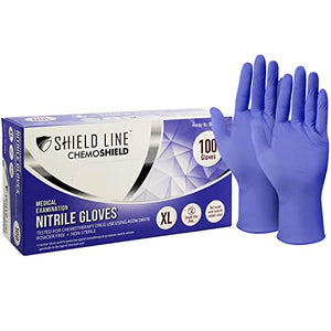 SHIELD LINE Guantes de nitrilo para examen médico, XL, paquete de 100 – Guantes desechables con clasificación quimioterapia para médicos y enfermeras, guantes sin látex ni polvo para hospital, uso doméstico, cocina