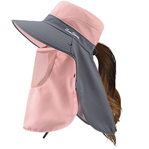 Sombrero de pesca para hombres y mujeres, sombrero de senderismo con agujero para cola de caballo, protección UV, sombrero de safari de ala ancha con solapa para el cuello, Rosado, Grande