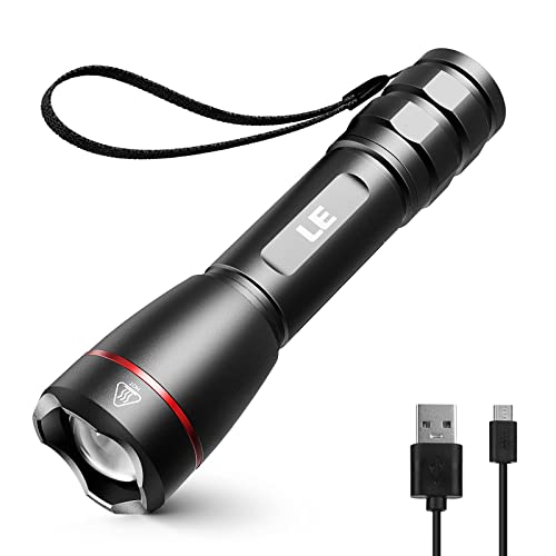 LE Linterna recargable D, LP3000 de alto lúmenes súper brillante, linterna táctica con zoom de 1000 lúmenes, impermeable, 5 modos de iluminación, linterna de mano pequeña para camping, emergencias (cable USB incluido)