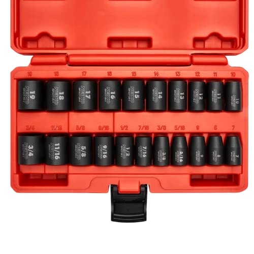 Neiko 02432A 3/8” Drive SAE and Metric Impact Socket Set | 21 Shallow Pieces | 5/16” to 3/4” | 7mm to 19mm | Premium Cr-V Steel | 6-Point Hex Design | Black Phosphate Coating