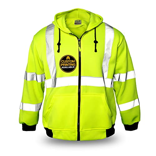 kwiksafety Clase 3 ANSI reflectante de alta visibilidad sudadera con capucha de manga larga para Seguridad Sudadera, Heavy Duty con forro polar capucha cierre aislante, dos bolsillos laterales, ANSI/Isea 107 – 2010 Nivel 3, Amarillo, Amarillo