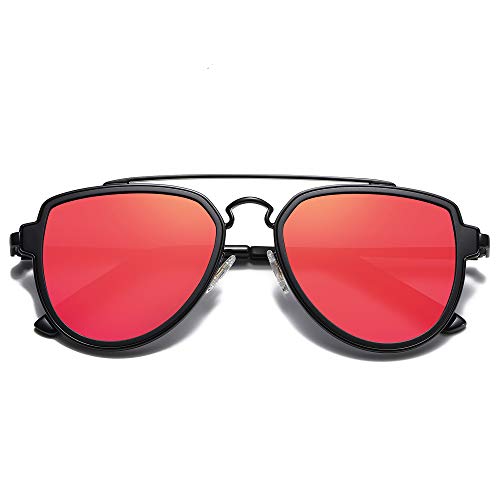 SojoS Gafas De Sol Polarizados Hombres Mujeres Unisex Aviador Clásico Doble Puente SJ1051 Marco Negro/Lente Espejo Rojo Polarizado