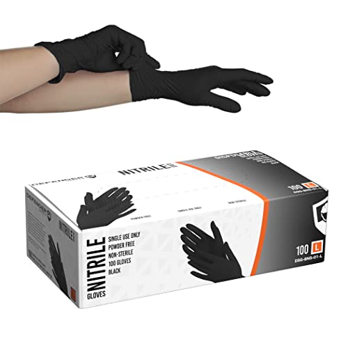 Defender Safety - Guantes de nitrilo negro, grado industrial, sin látex, desechables, sin polvo (negro) (grandes, 100 unidades (3.5 mil)