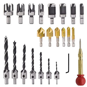 23 unidades de herramientas de perforación de chaflán para carpintería, avellanadora 6pcs, avellanadora de tres puntas 7pcs, Cortador de enchufe de madera 8pcs, Llave en L y punzón central automático