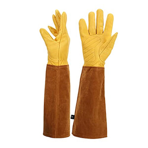 Guantes de jardinería, guantelete de protección larga para mujeres y hombres, guantes largos de cuero vacuno gruesos duraderos, poda de cactus rosa y arbustos espinosos (dorado, grande)