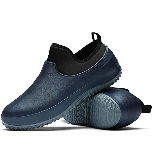 YUKTOPA Zuecos de trabajo impermeables y antideslizantes para hombre y mujer, resistentes al aceite, zapatos de chef de seguridad para jardín, zapatos de trabajo, Azul / Patchwork, 13.5 Women/12.5 Men