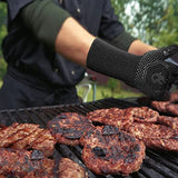 Guantes de barbacoa resistentes al calor, guantes ignífugos de 800 °C para asar a la parrilla, guantes de horno/soportes para ollas para cocinar/barbacoa/parrilla/hornear/acampar/hoguera/ahumar, puño largo de silicona lavable