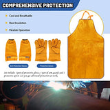 Glarks Juego de 3 protectores de trabajo de soldadura, incluye delantal de trabajo de soldadura de cuero, mangas de trabajo de soldadura y guantes de soldadura para soldadores, chimenea, barbacoa, jardinería, Amarillo, as picture shown