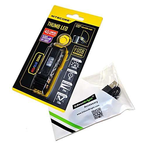 Bundle: Nitecore THUMB LEO 45 lúmenes LED/UV USB recargable luz de trabajo de cabeza de inclinación (blanco/rojo) y EdisonBright marca USB cable de carga