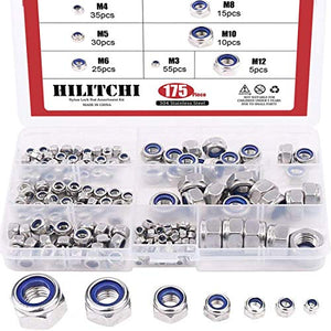 Hilitchi - Kit de tuercas de acero inoxidable de 155 piezas, tamaño M3, M4, M5, M6, M8, M10 y M12, Lock Nuts