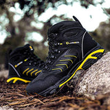 LARNMERN Botas de punta de acero a prueba de pinchazos para hombres, indestructibles, cómodas, antideslizantes, antiestáticas, botas de trabajo de seguridad al aire libre L91185 (31.0 cm, Negro amarillo)