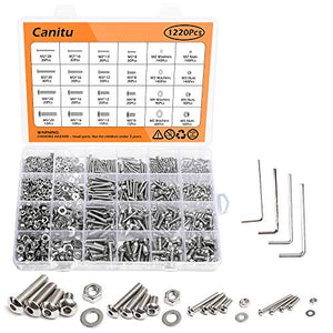 Canitu 1220 piezas de tornillos de cabeza plana plateada, tuercas planas M2 M3 M4 M5 304 de acero inoxidable Tornillo pernos con 4 llaves hexagonales