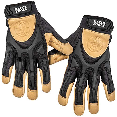 Klein Tools 60189 Guantes de trabajo, de cuero de grado profesional, con protección de nudillos y dedos, refuerzo del pulgar, malla trasera, XL