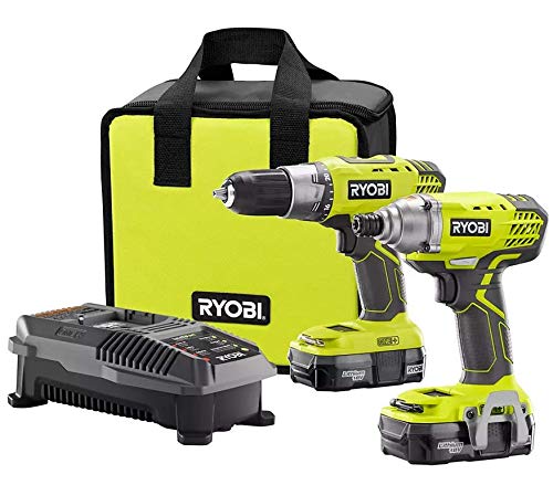 Ryobis Tools RYOBI 18V ONE+ Kit combinado de taladro inalámbrico de iones de litio y destornillador de impacto (2 herramientas) con (2) baterías